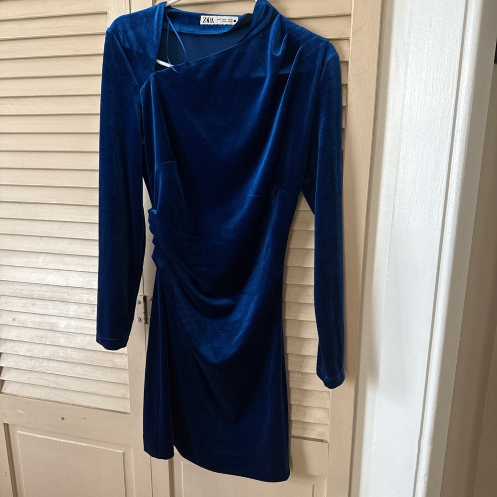 Zara Blue Asymmetrical Ruched Cocktail Dress